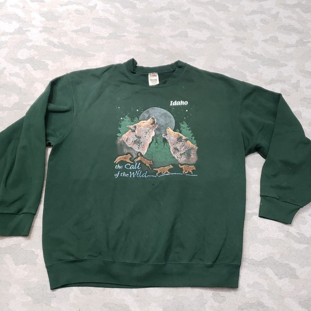 Vintage Nature Sweatshirt Mens XL Green Pullover Wolf Crew Neck Long Sleeve